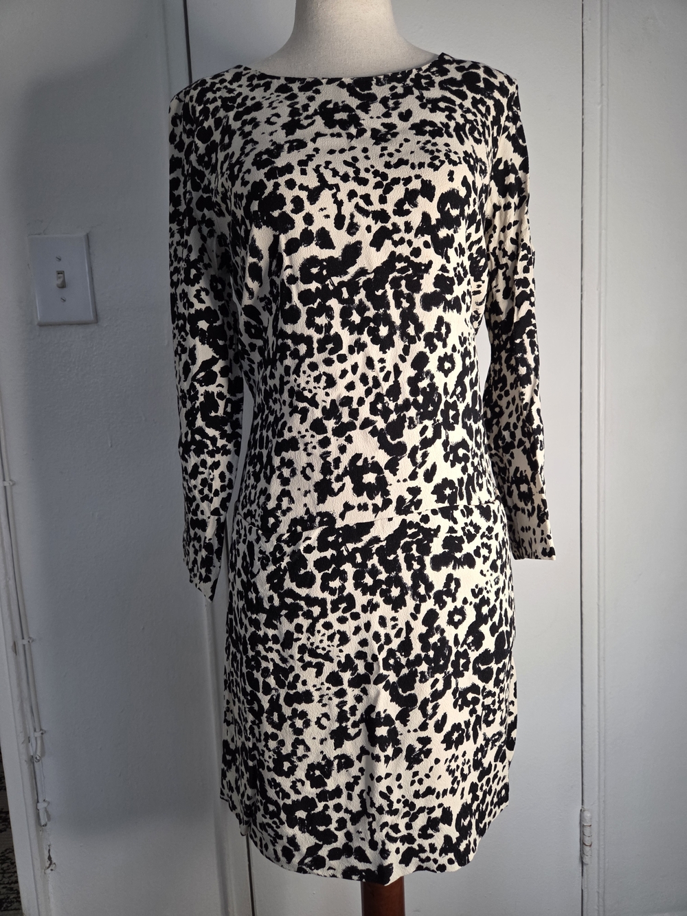 J. Crew Black and Cream Animal-Print Long Sleeve Shift Dress